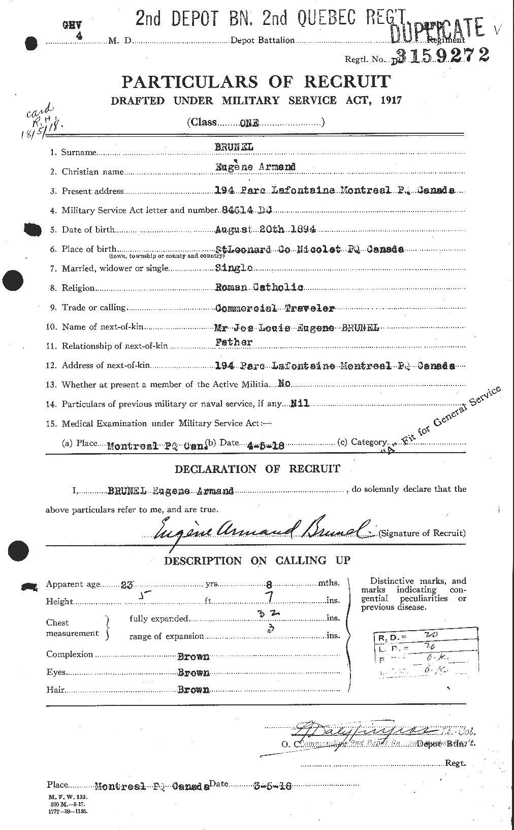 Dossiers du Personnel de la Première Guerre mondiale - CEC 268335a