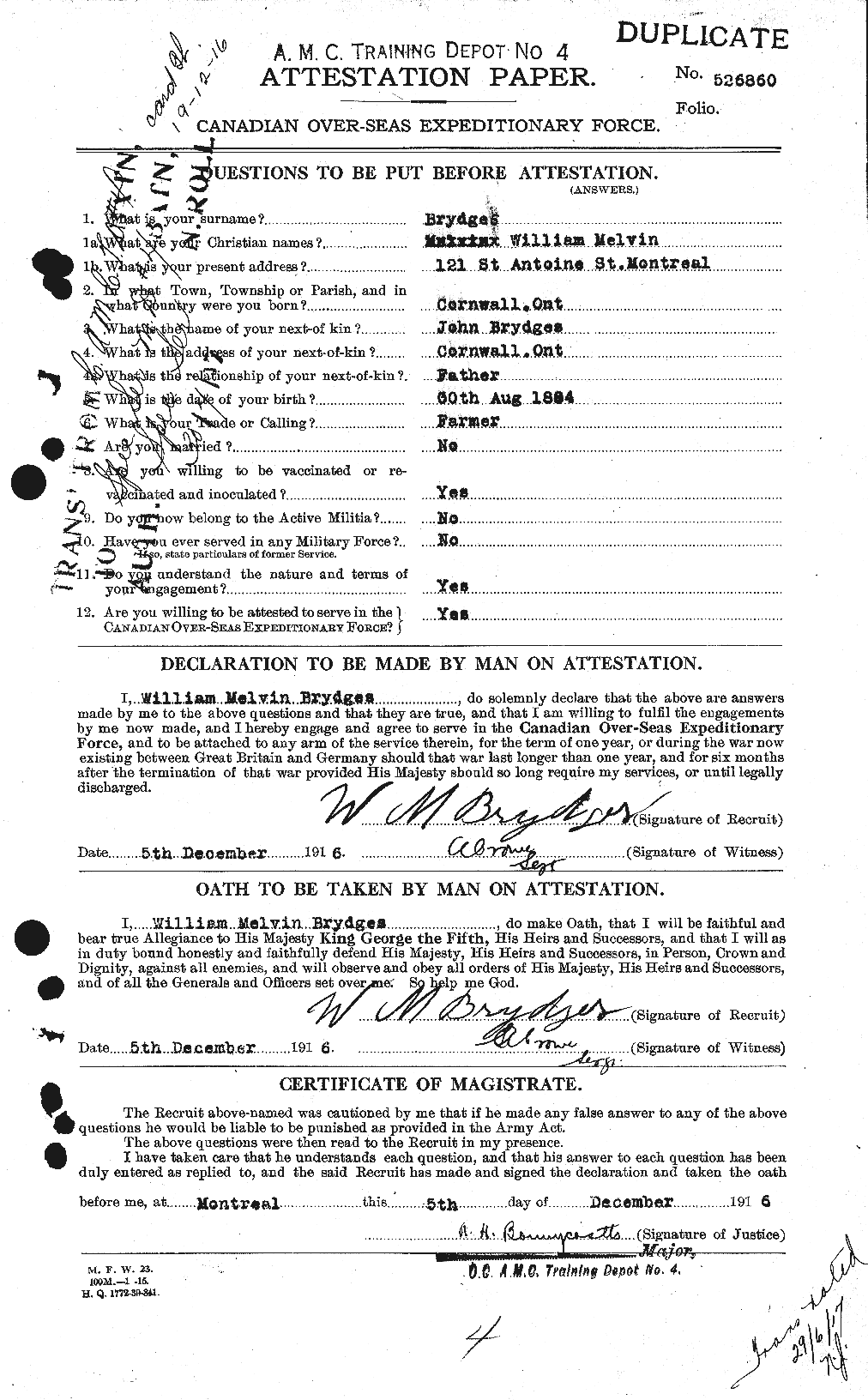 Dossiers du Personnel de la Première Guerre mondiale - CEC 268822a