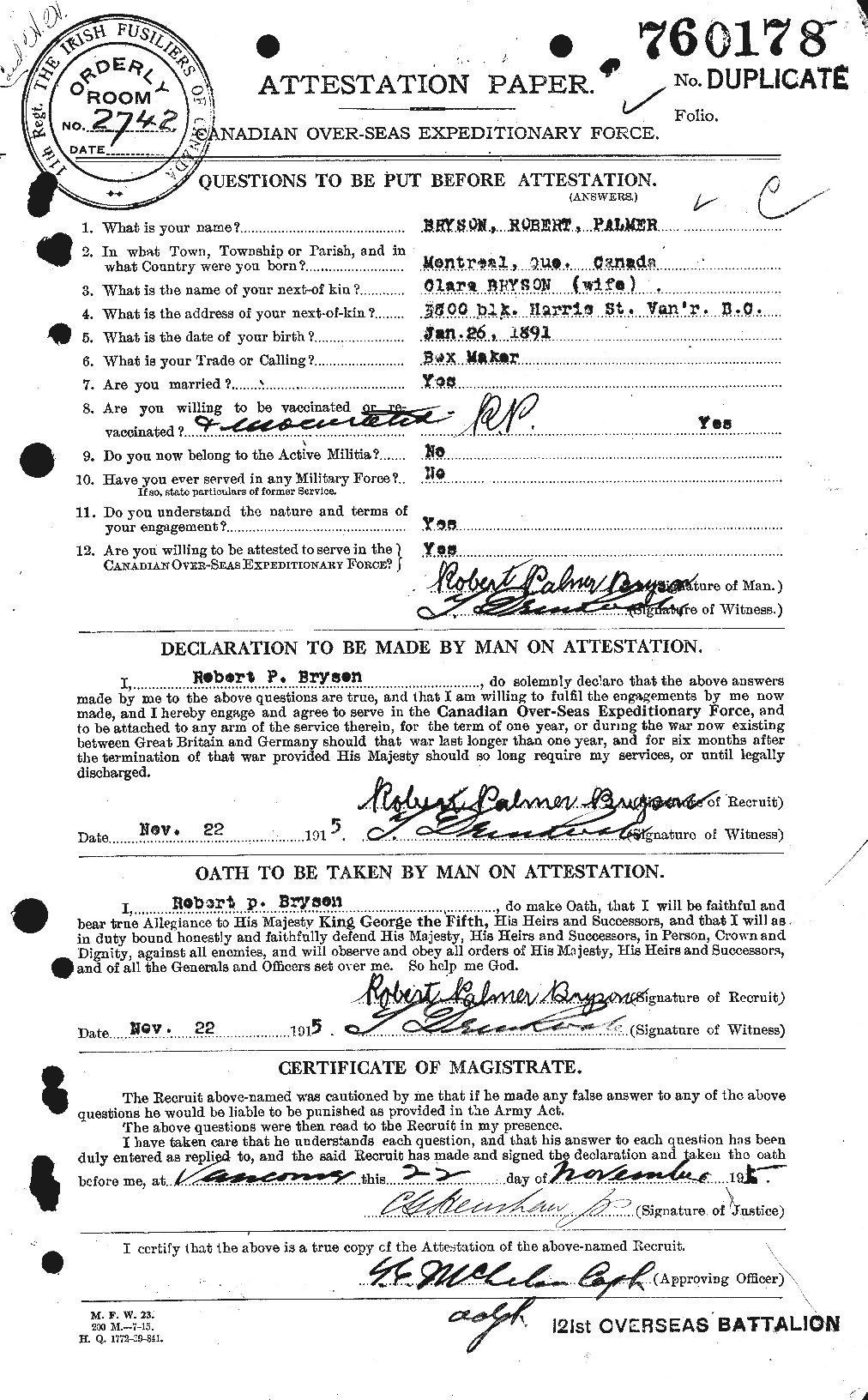 Dossiers du Personnel de la Première Guerre mondiale - CEC 268966a