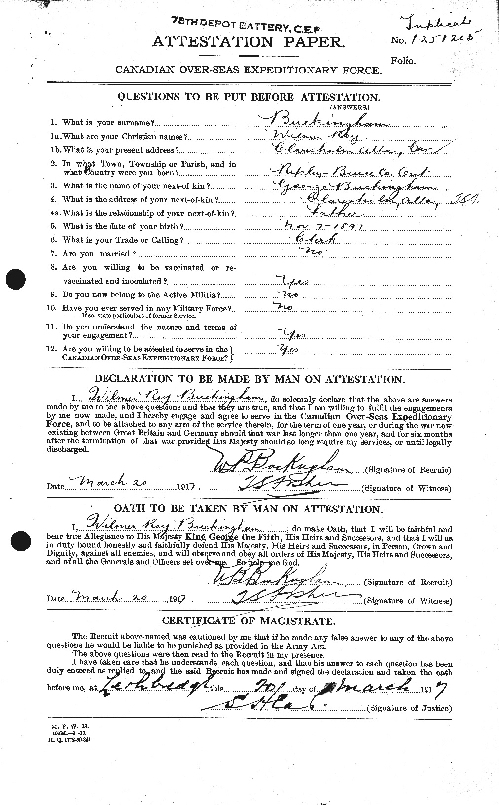 Dossiers du Personnel de la Première Guerre mondiale - CEC 269476a