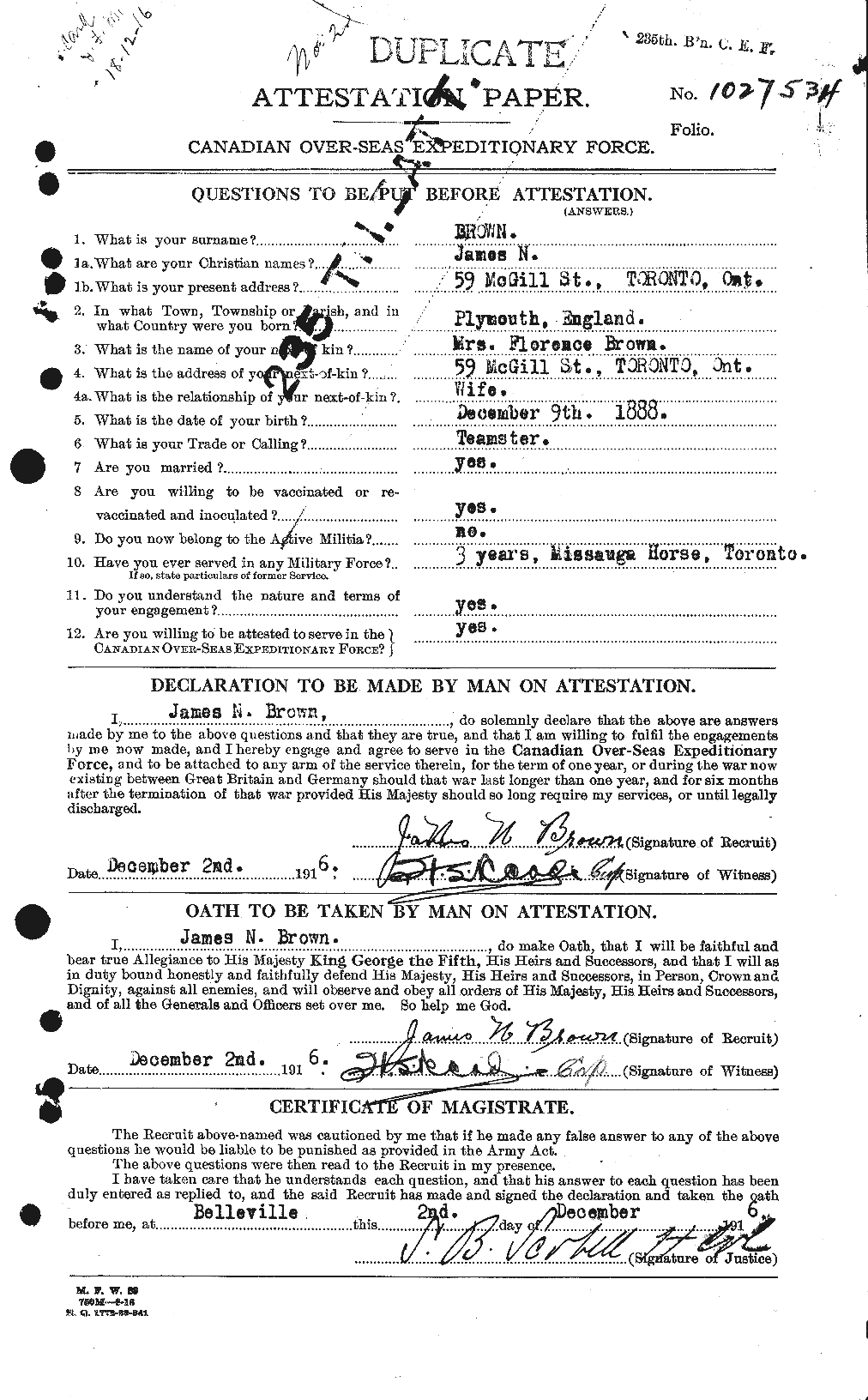 Dossiers du Personnel de la Première Guerre mondiale - CEC 269561a