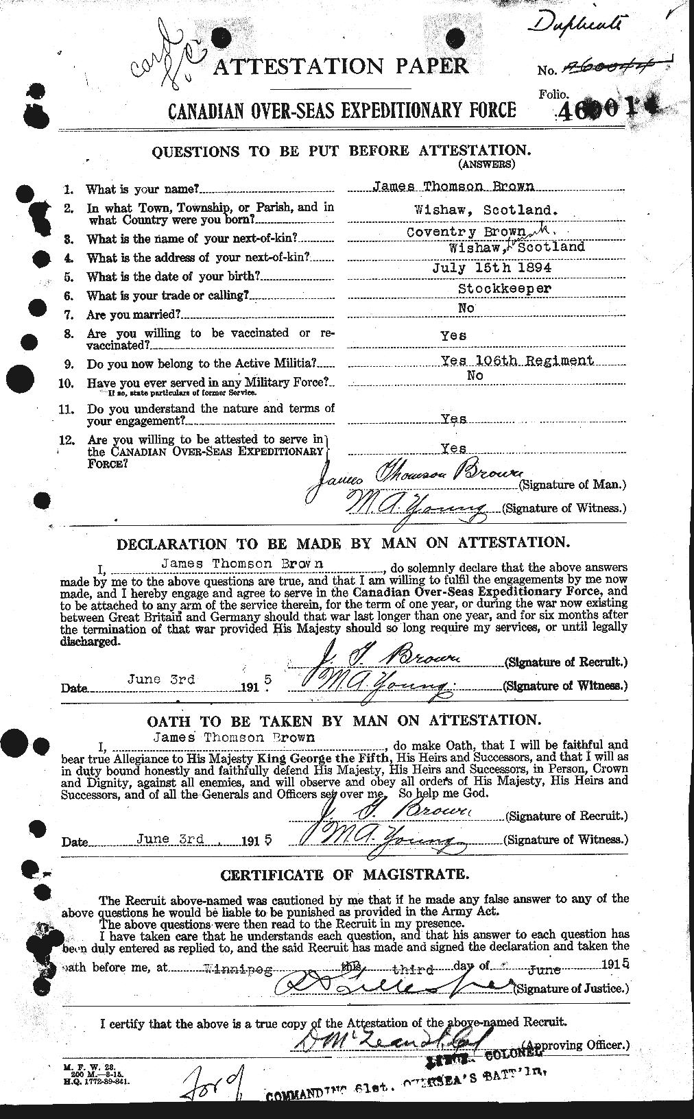 Dossiers du Personnel de la Première Guerre mondiale - CEC 269591a