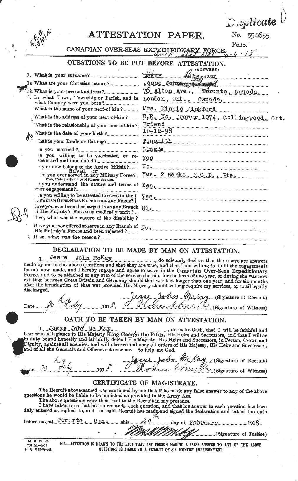 Dossiers du Personnel de la Première Guerre mondiale - CEC 269617a
