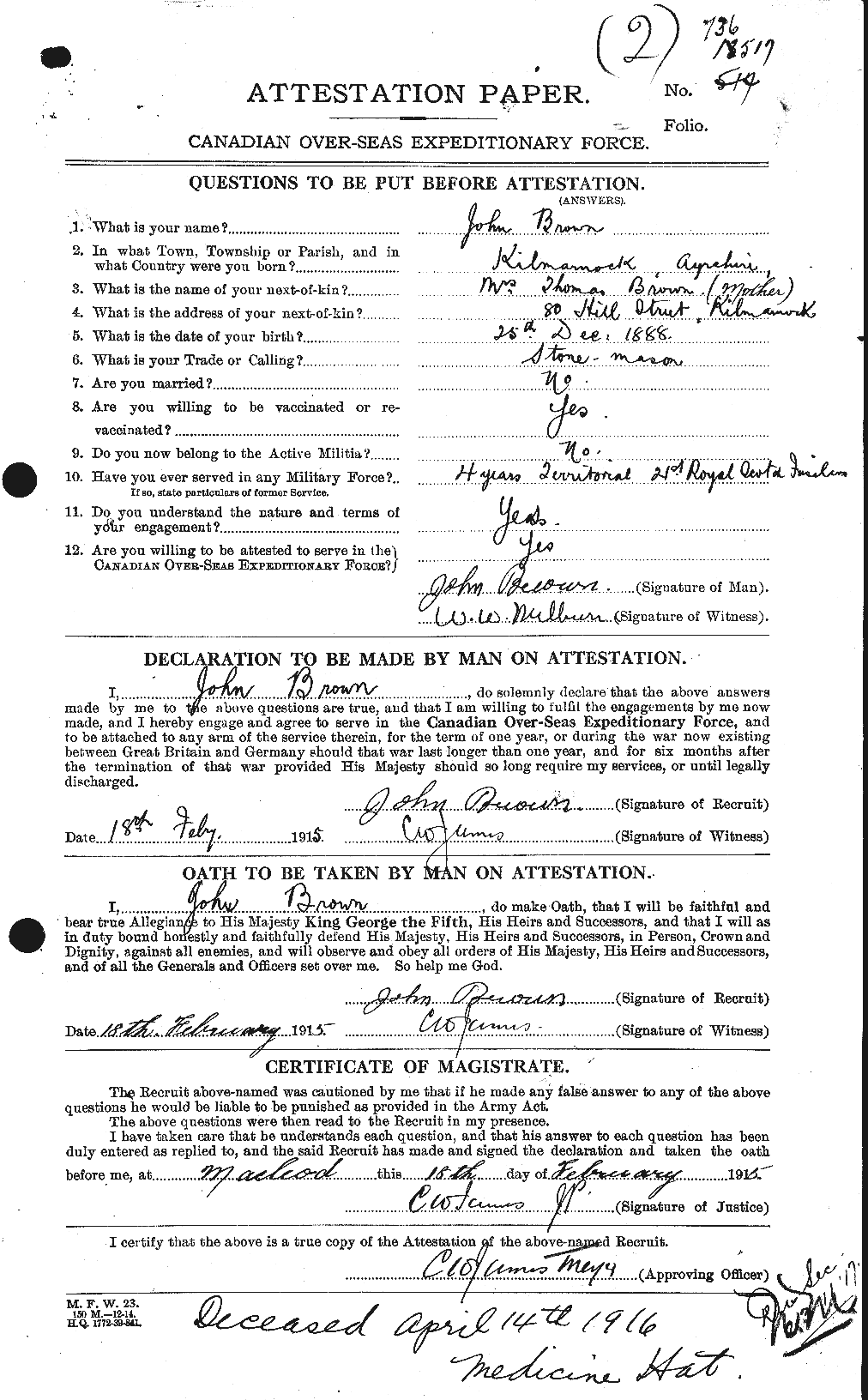 Dossiers du Personnel de la Première Guerre mondiale - CEC 269629a