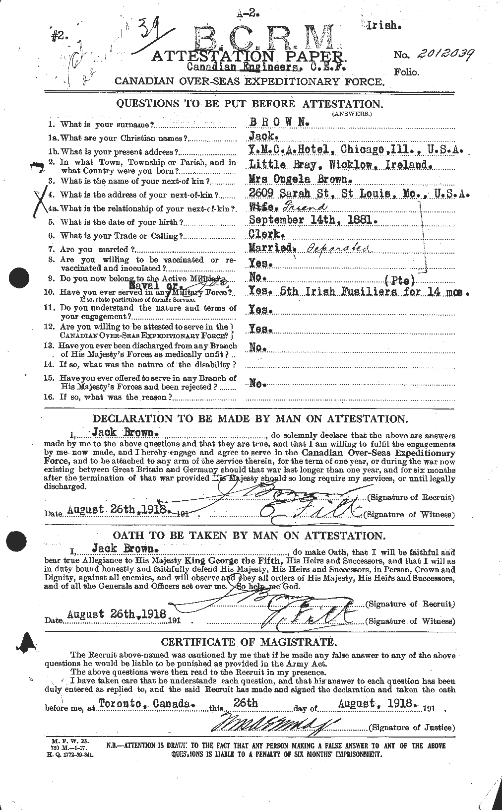 Dossiers du Personnel de la Première Guerre mondiale - CEC 269716a
