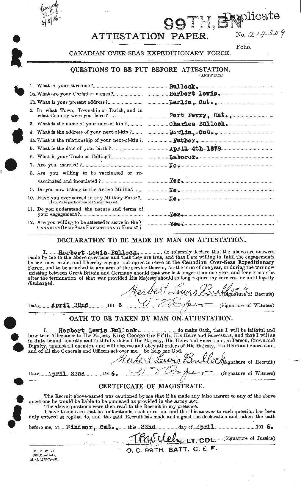 Dossiers du Personnel de la Première Guerre mondiale - CEC 269717a