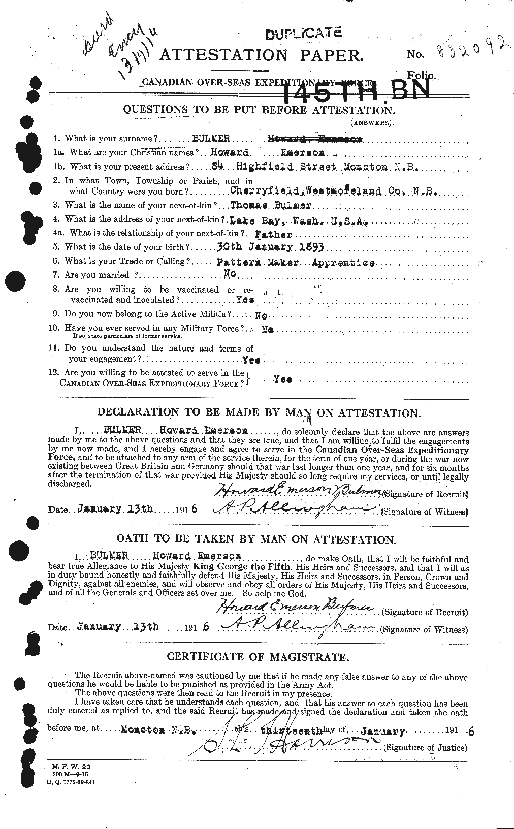 Dossiers du Personnel de la Première Guerre mondiale - CEC 269821a