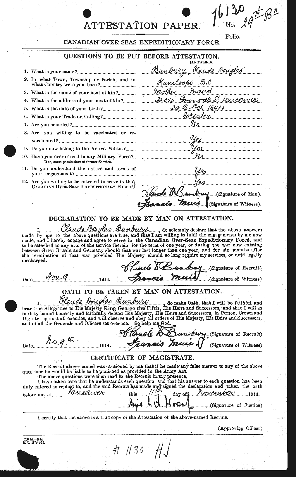 Dossiers du Personnel de la Première Guerre mondiale - CEC 269885a