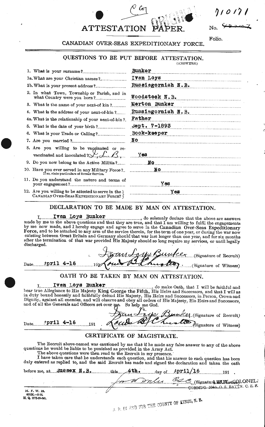 Dossiers du Personnel de la Première Guerre mondiale - CEC 270401a