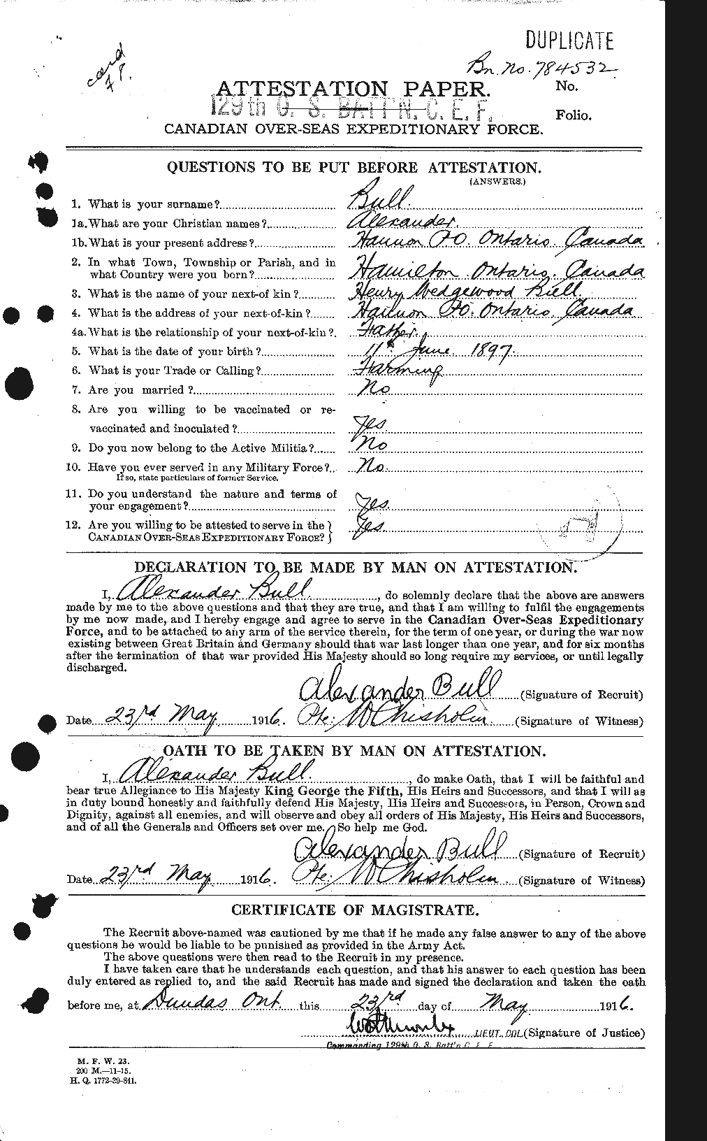 Dossiers du Personnel de la Première Guerre mondiale - CEC 270653a