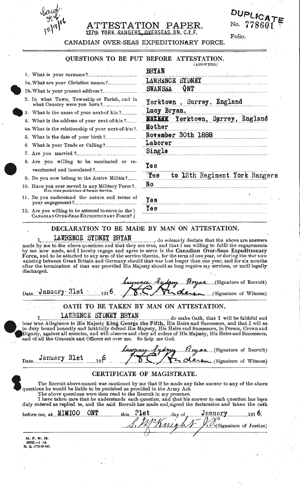 Dossiers du Personnel de la Première Guerre mondiale - CEC 270701a