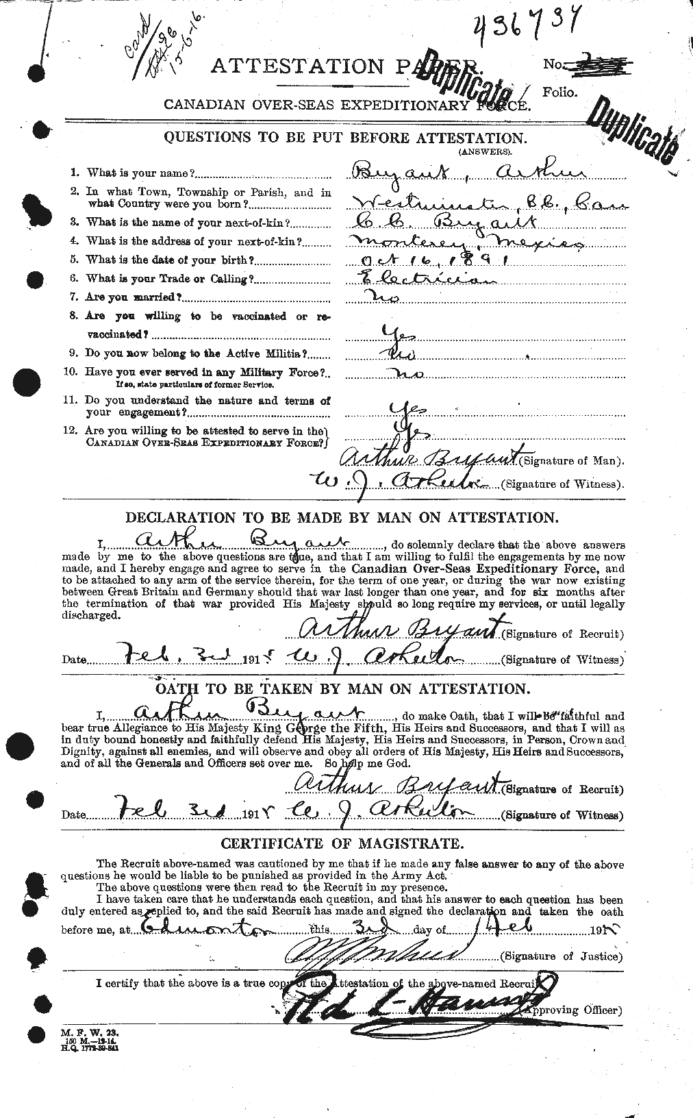 Dossiers du Personnel de la Première Guerre mondiale - CEC 270792a