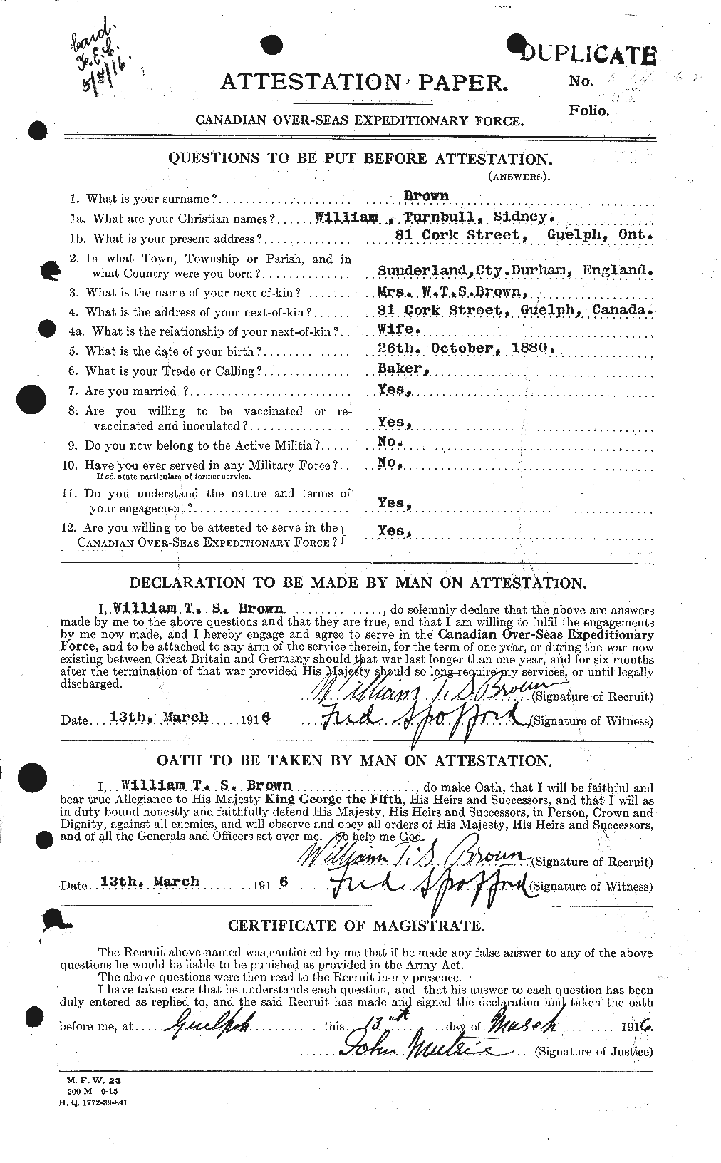 Dossiers du Personnel de la Première Guerre mondiale - CEC 270892a