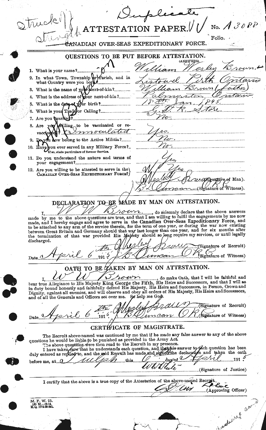 Dossiers du Personnel de la Première Guerre mondiale - CEC 270903a