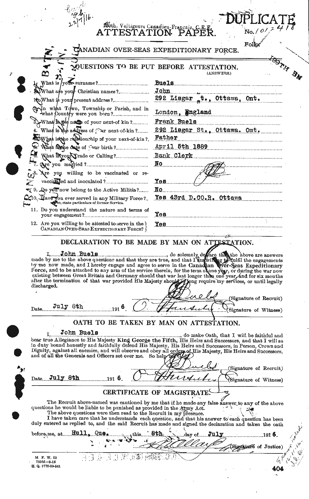 Dossiers du Personnel de la Première Guerre mondiale - CEC 271421a