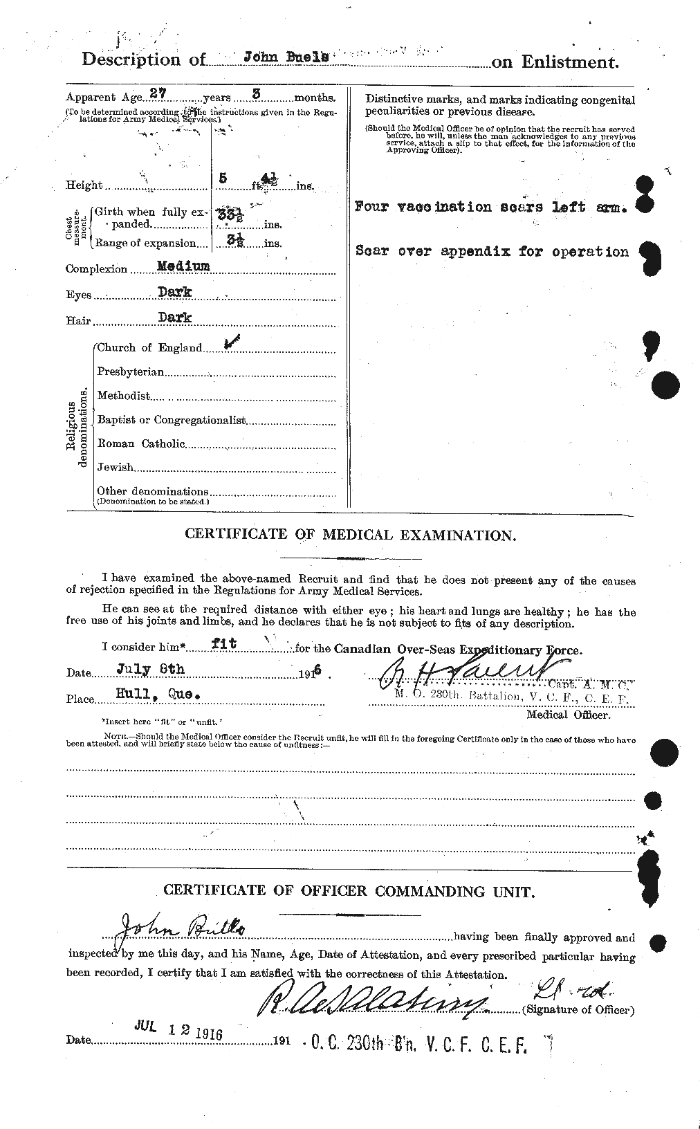 Dossiers du Personnel de la Première Guerre mondiale - CEC 271421b