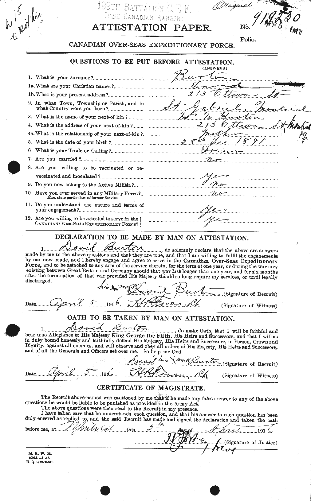 Dossiers du Personnel de la Première Guerre mondiale - CEC 271436a