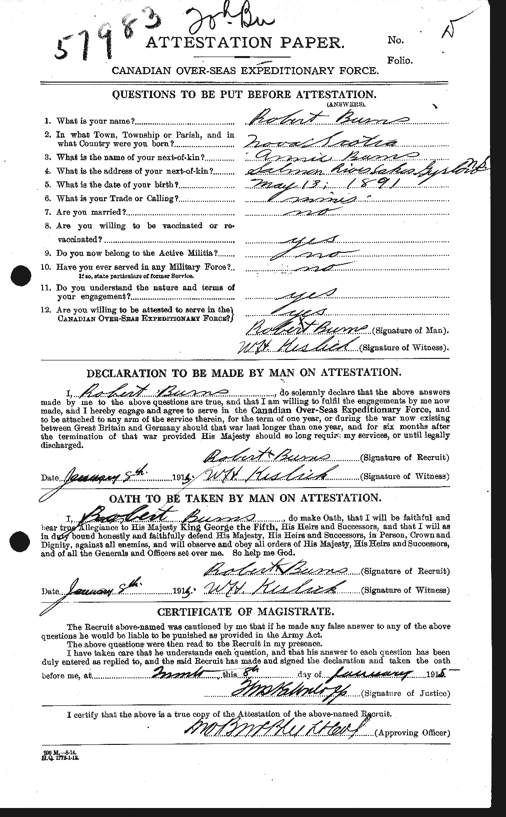 Dossiers du Personnel de la Première Guerre mondiale - CEC 271718a