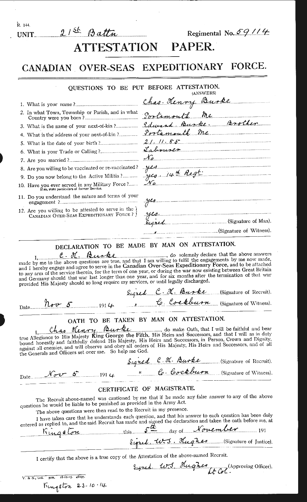Dossiers du Personnel de la Première Guerre mondiale - CEC 272391a