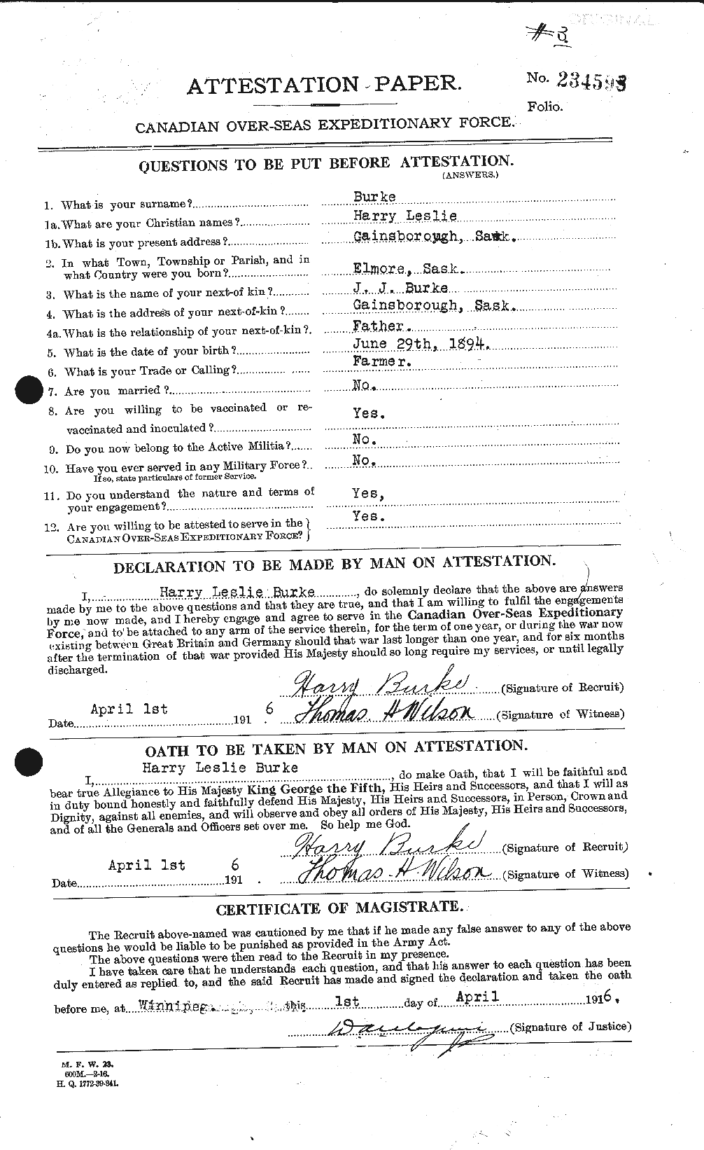 Dossiers du Personnel de la Première Guerre mondiale - CEC 272511a