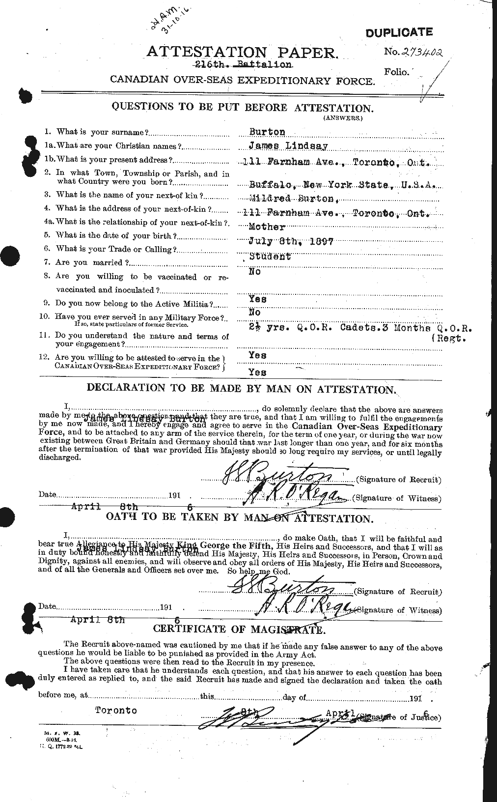 Dossiers du Personnel de la Première Guerre mondiale - CEC 272634a