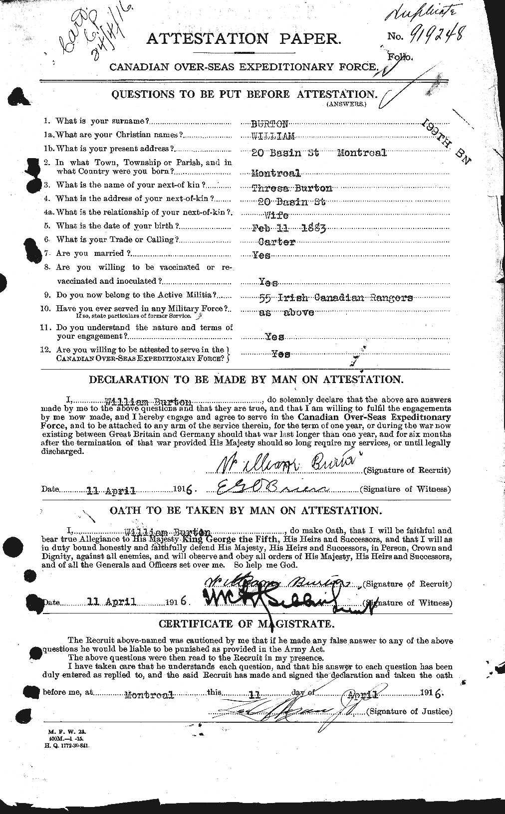 Dossiers du Personnel de la Première Guerre mondiale - CEC 272755a