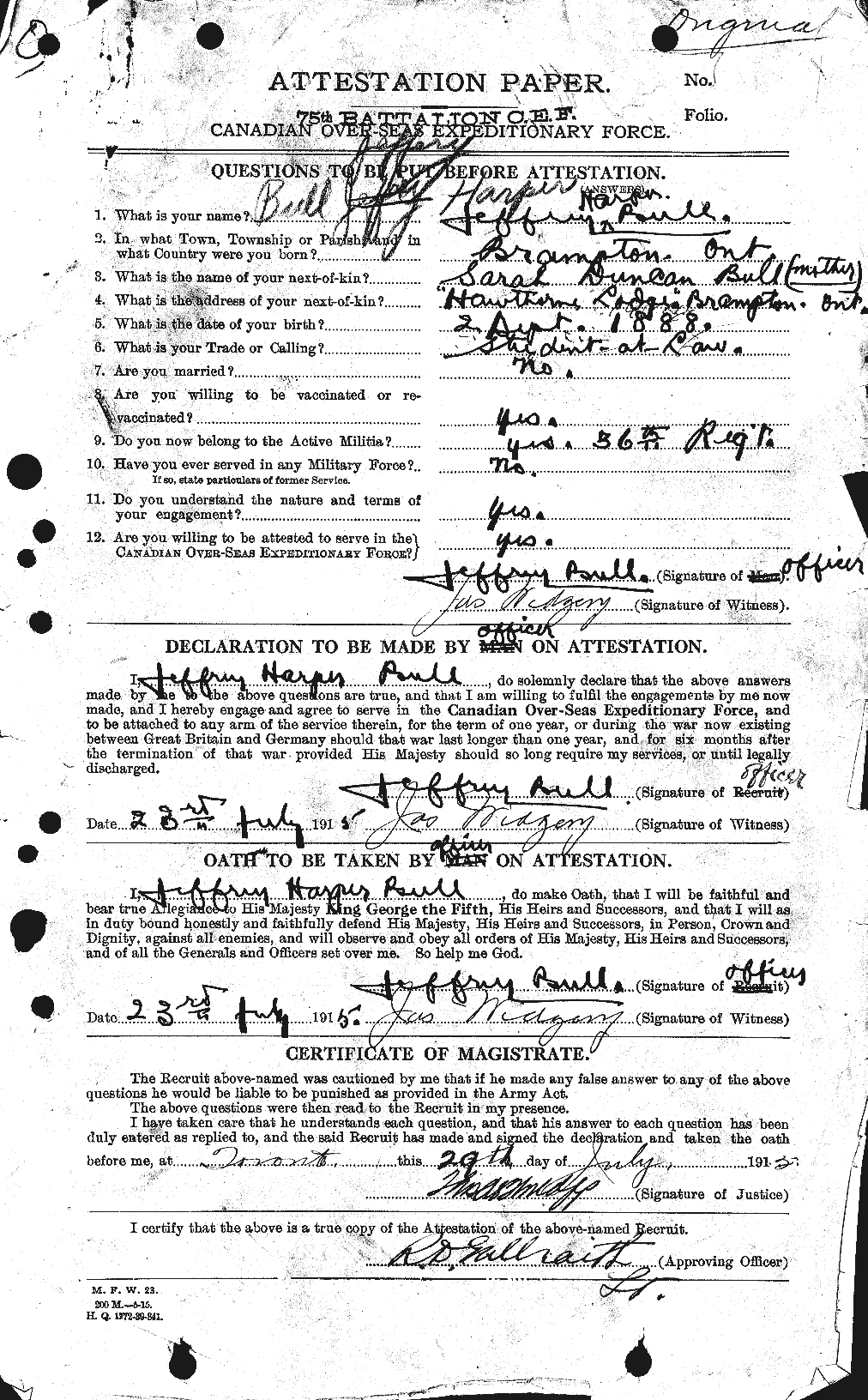 Dossiers du Personnel de la Première Guerre mondiale - CEC 273418a