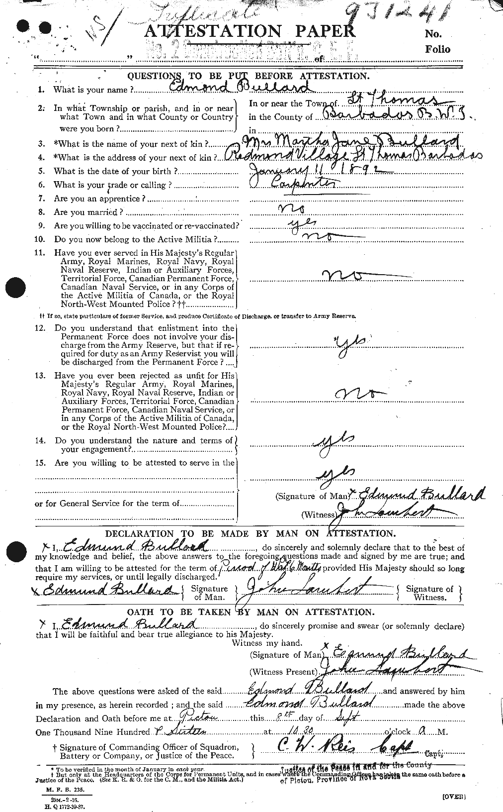 Dossiers du Personnel de la Première Guerre mondiale - CEC 273466a
