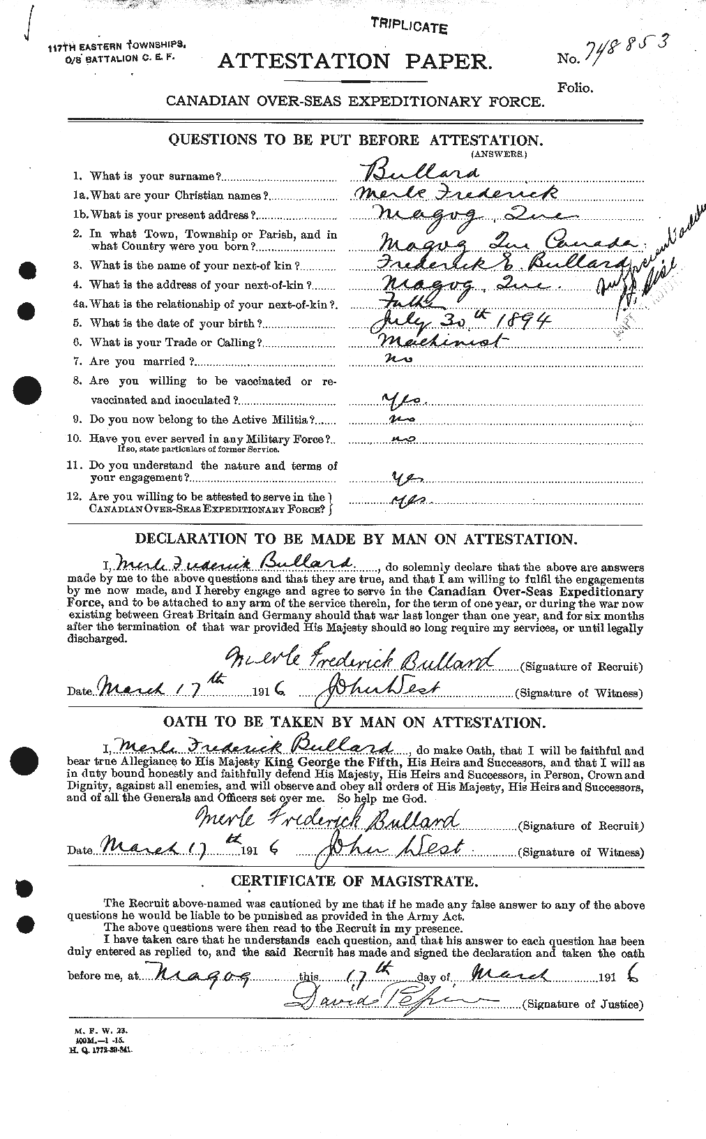 Dossiers du Personnel de la Première Guerre mondiale - CEC 273471a