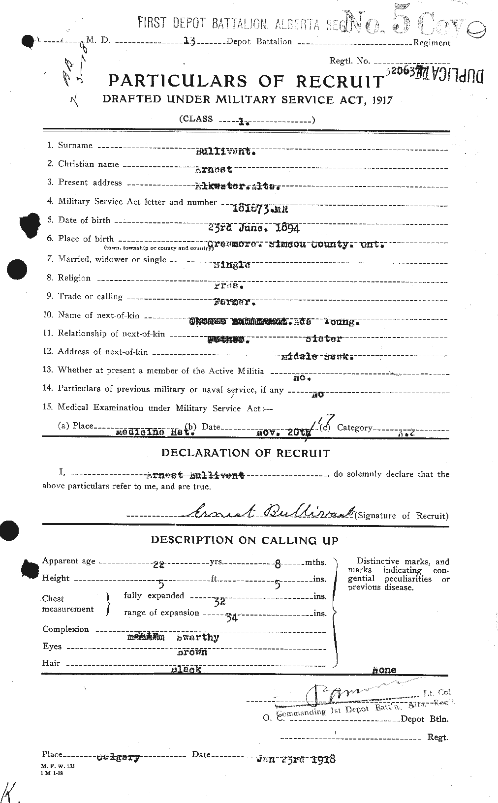 Dossiers du Personnel de la Première Guerre mondiale - CEC 273568a