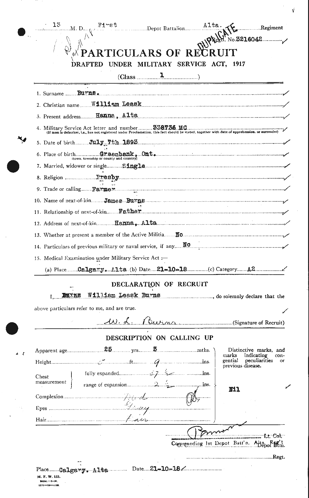 Dossiers du Personnel de la Première Guerre mondiale - CEC 273844a