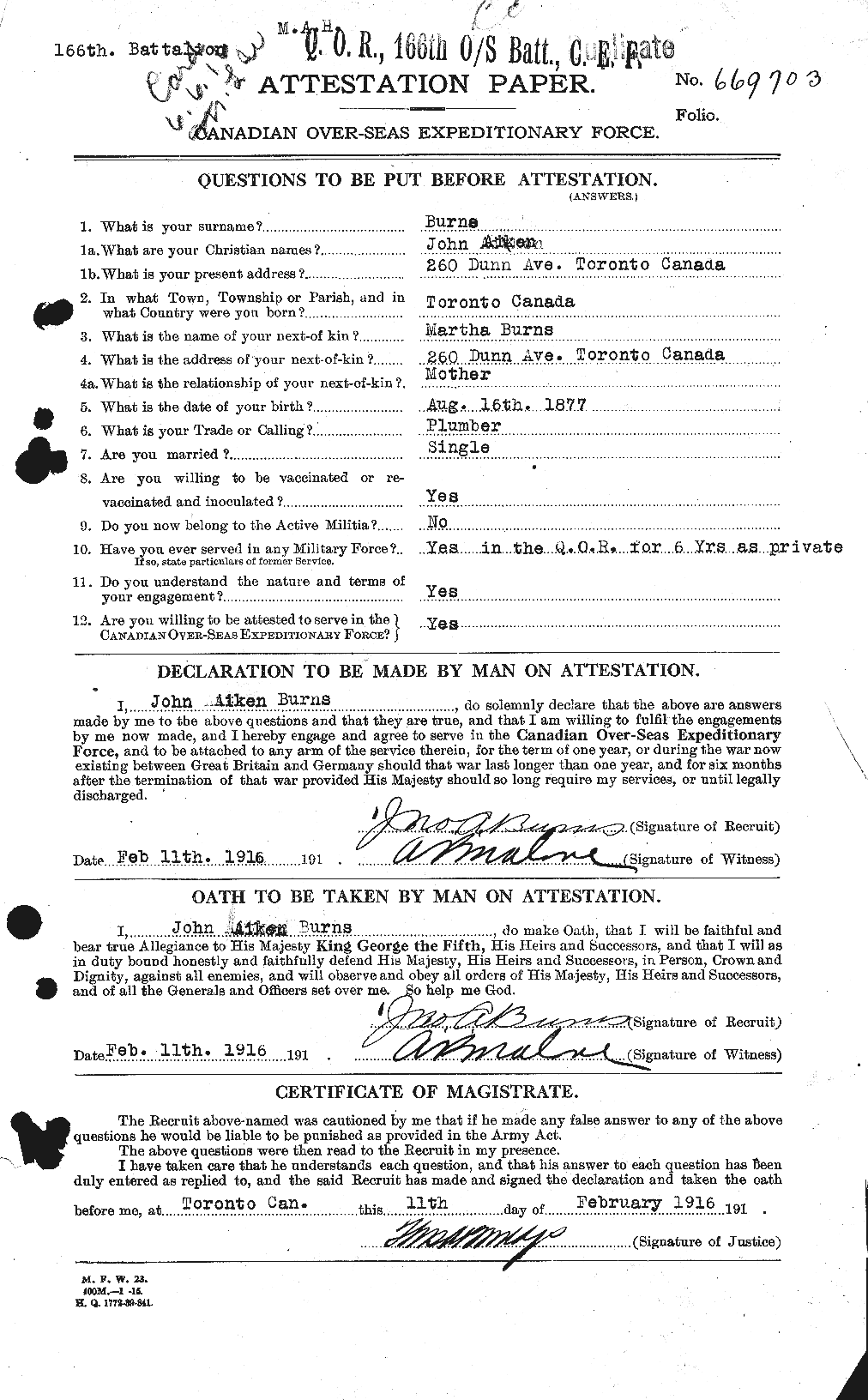 Dossiers du Personnel de la Première Guerre mondiale - CEC 274287a