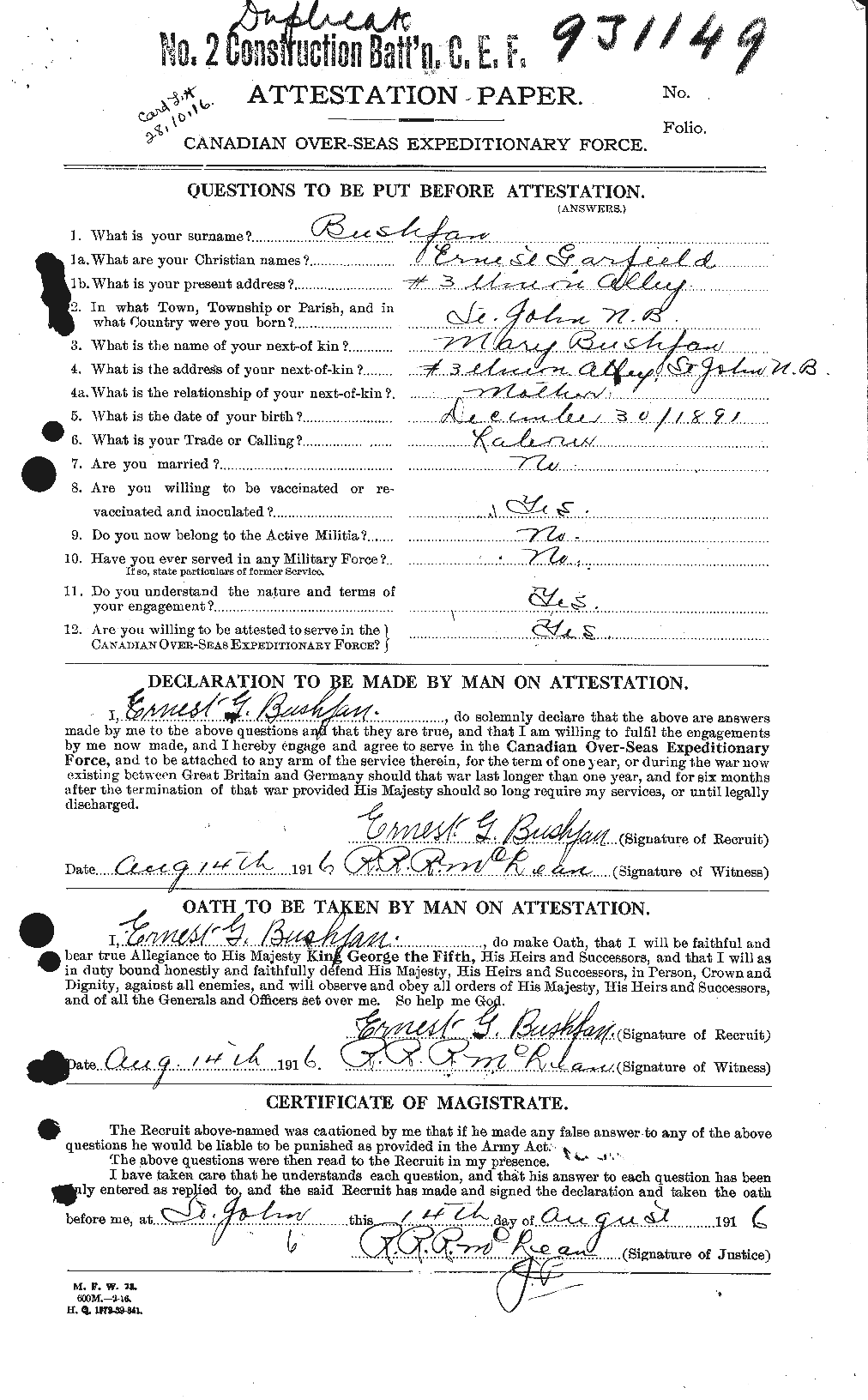 Dossiers du Personnel de la Première Guerre mondiale - CEC 274510a