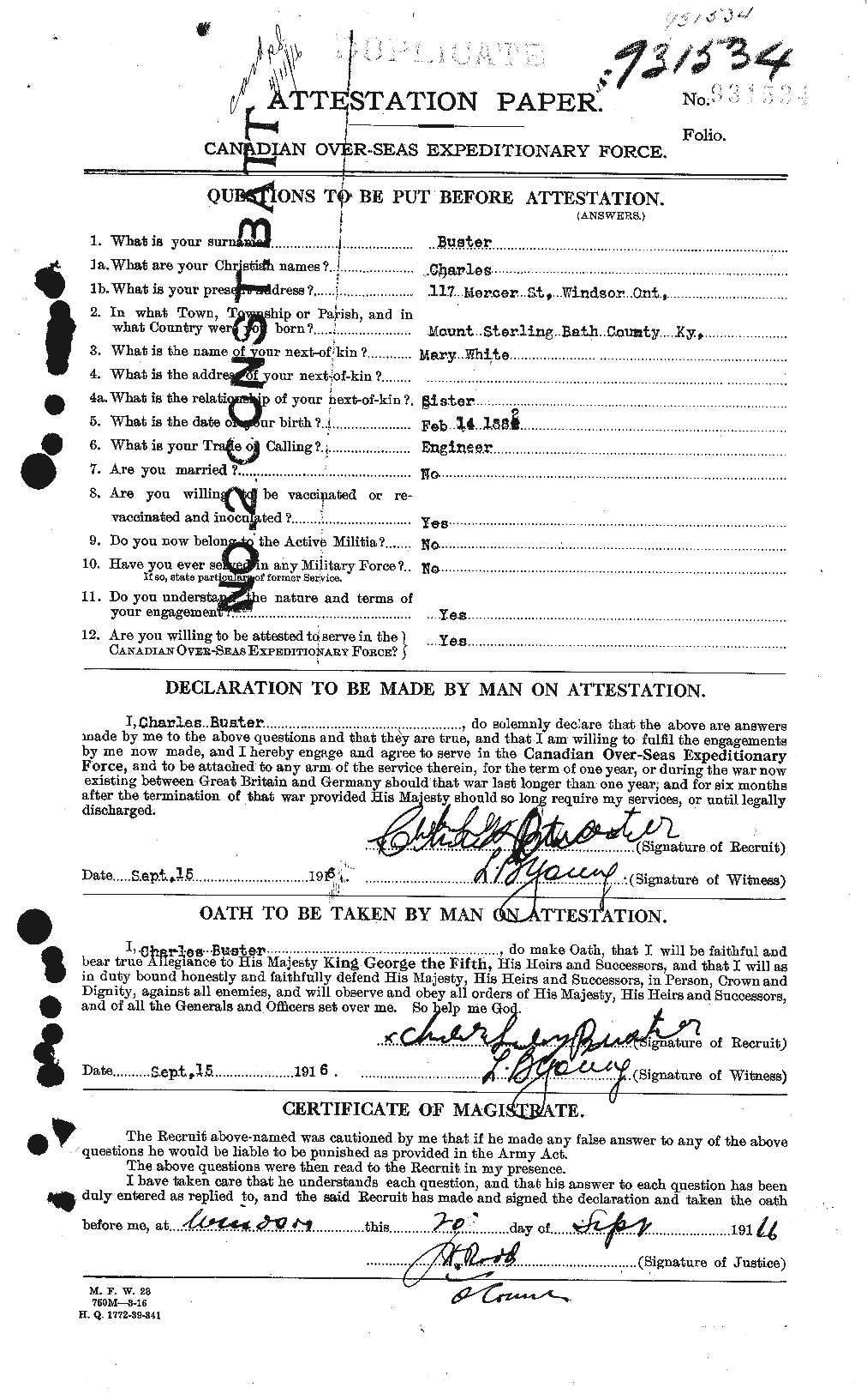 Dossiers du Personnel de la Première Guerre mondiale - CEC 274659a