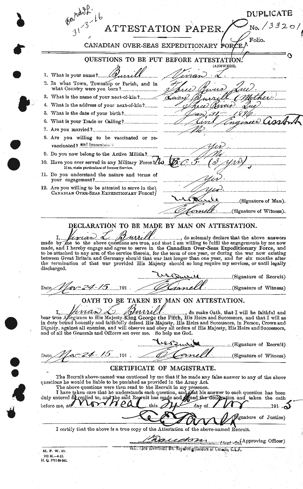 Dossiers du Personnel de la Première Guerre mondiale - CEC 274682a