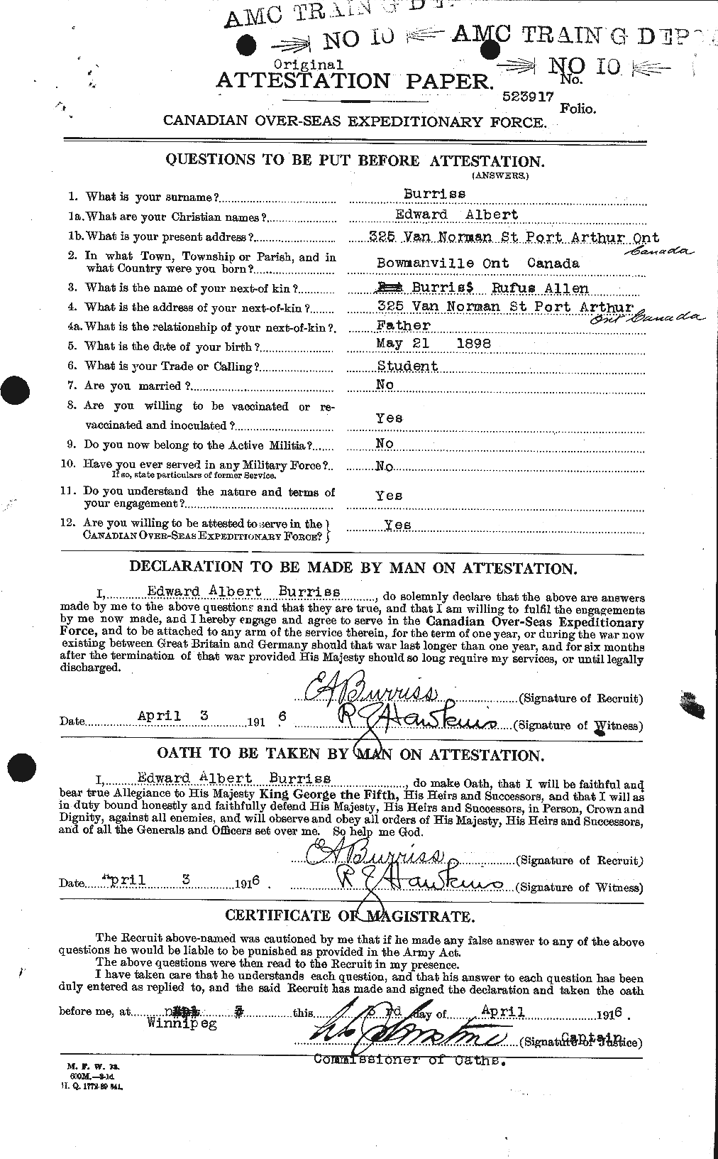 Personnel Records of the First World War - CEF 274696a