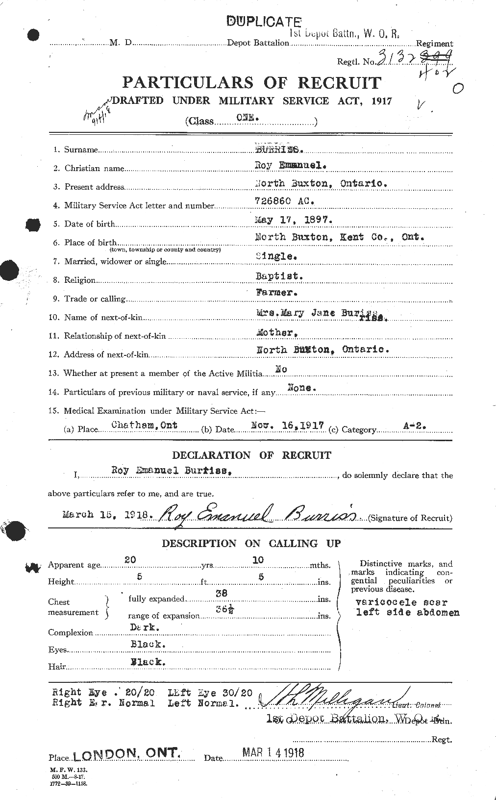 Dossiers du Personnel de la Première Guerre mondiale - CEC 274698a