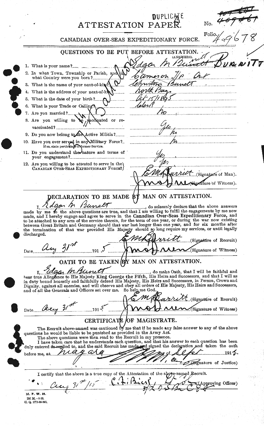 Dossiers du Personnel de la Première Guerre mondiale - CEC 274703a