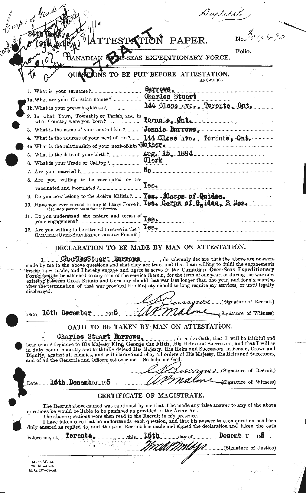 Dossiers du Personnel de la Première Guerre mondiale - CEC 274789a
