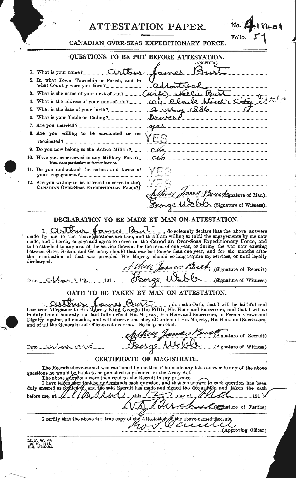 Dossiers du Personnel de la Première Guerre mondiale - CEC 274975a