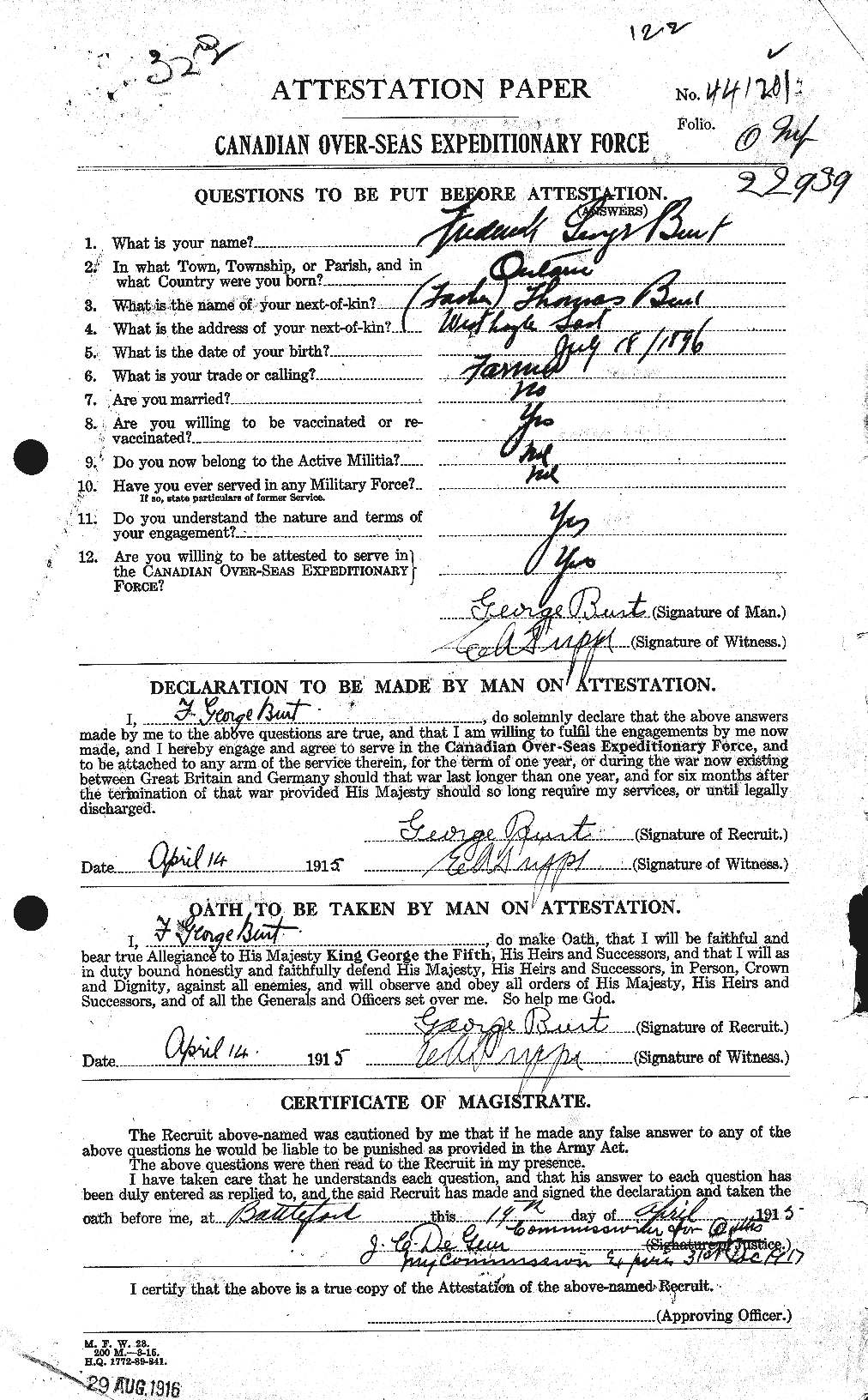 Dossiers du Personnel de la Première Guerre mondiale - CEC 275007a