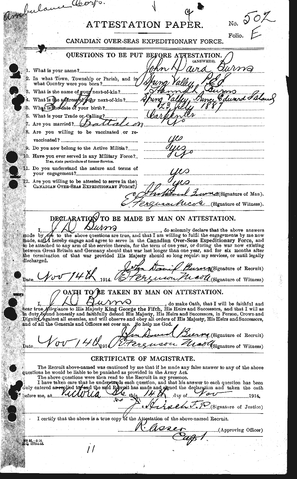 Dossiers du Personnel de la Première Guerre mondiale - CEC 275479a