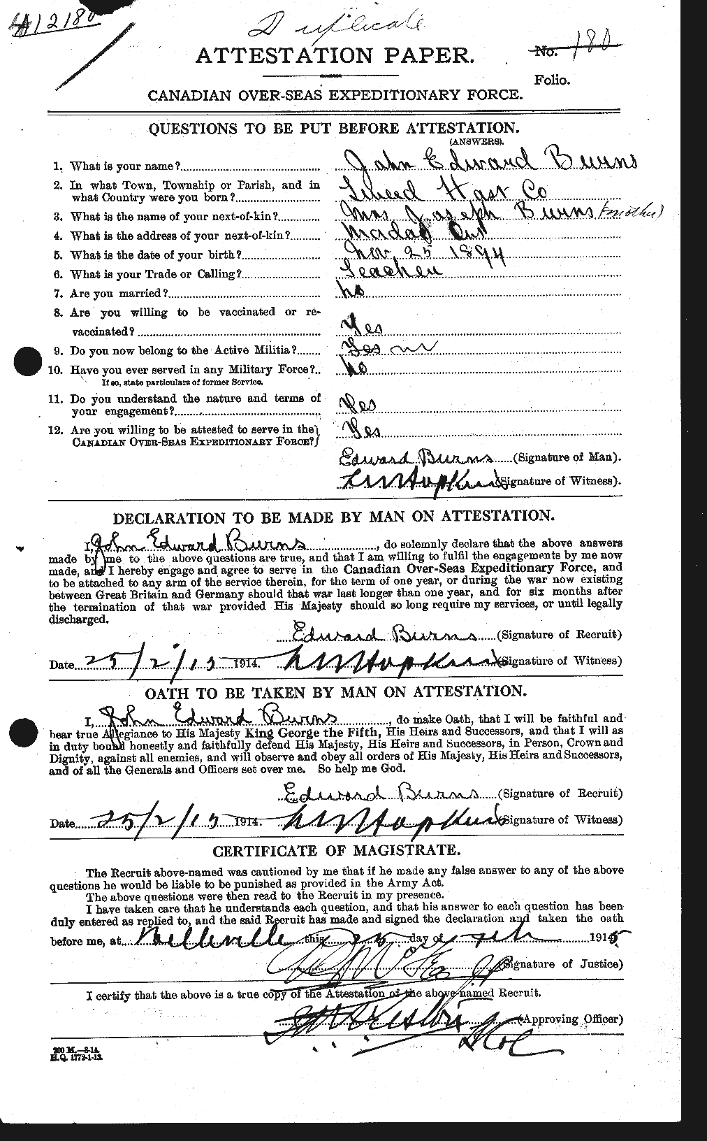 Dossiers du Personnel de la Première Guerre mondiale - CEC 275481a