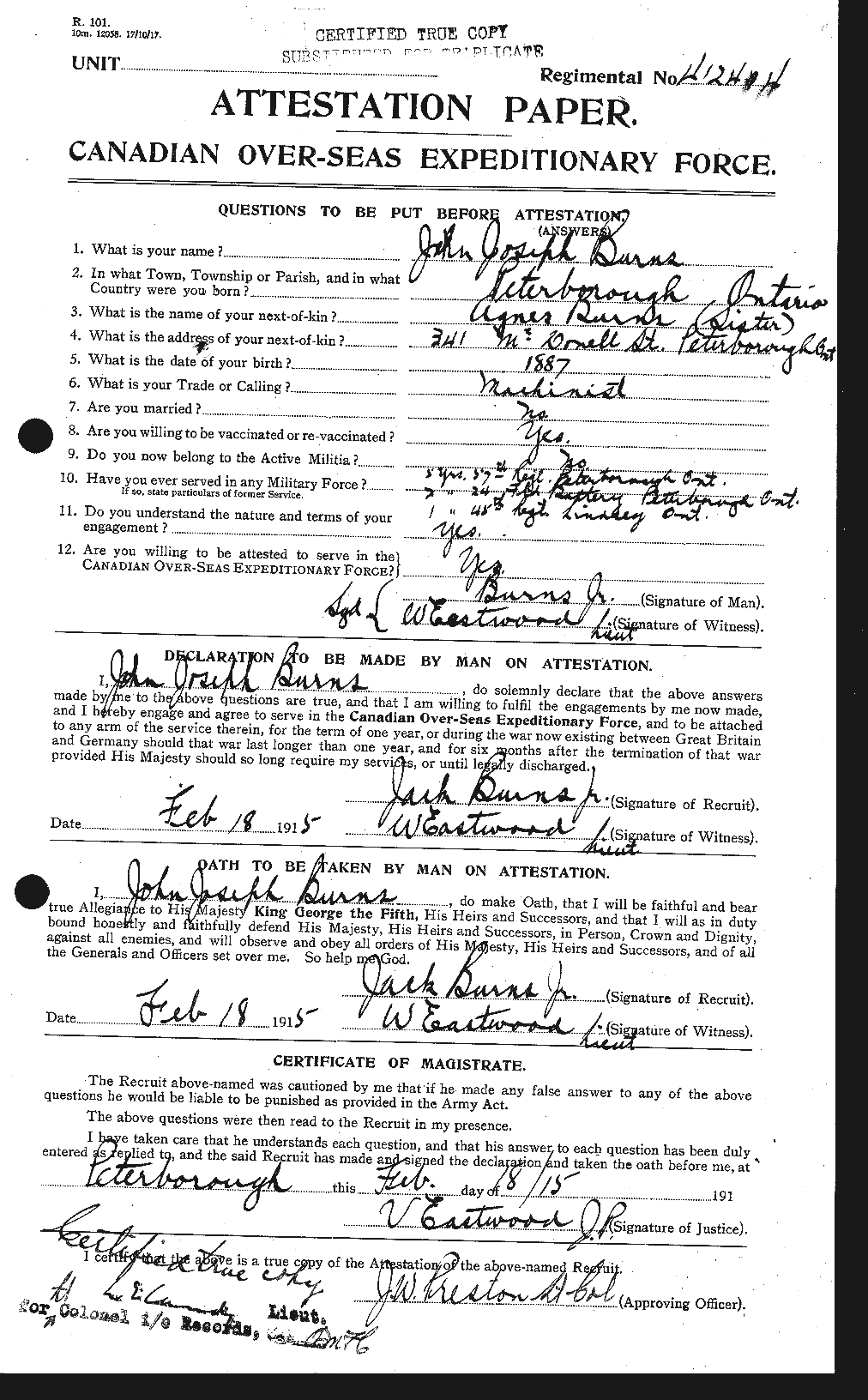 Dossiers du Personnel de la Première Guerre mondiale - CEC 275497a