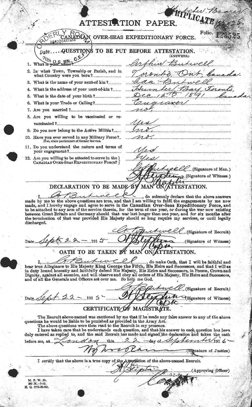 Dossiers du Personnel de la Première Guerre mondiale - CEC 275554a