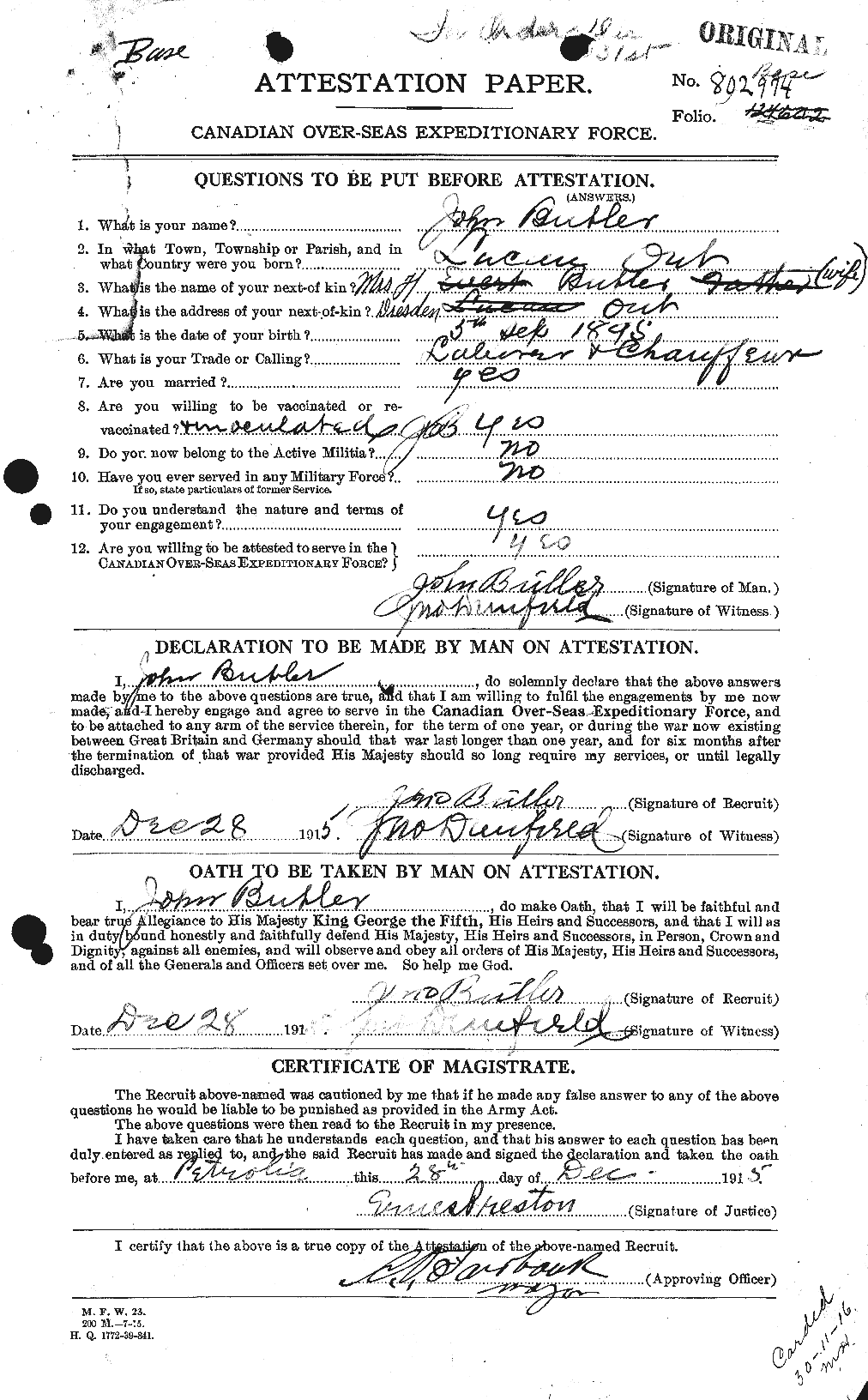 Dossiers du Personnel de la Première Guerre mondiale - CEC 276026a