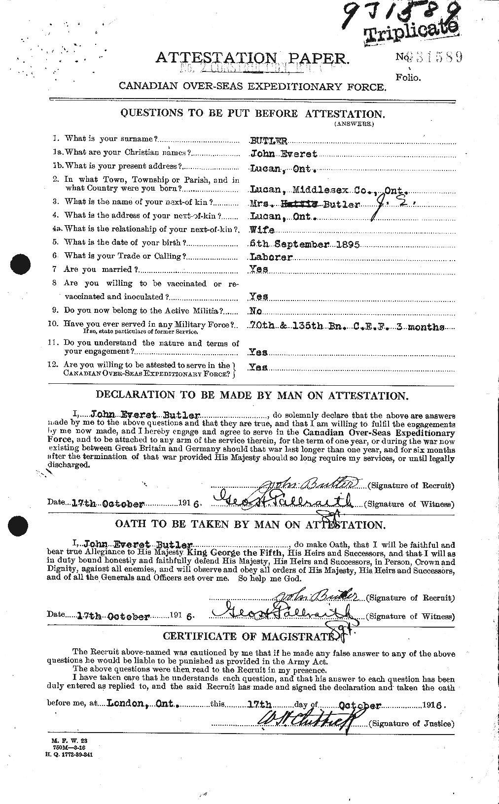 Dossiers du Personnel de la Première Guerre mondiale - CEC 276043a