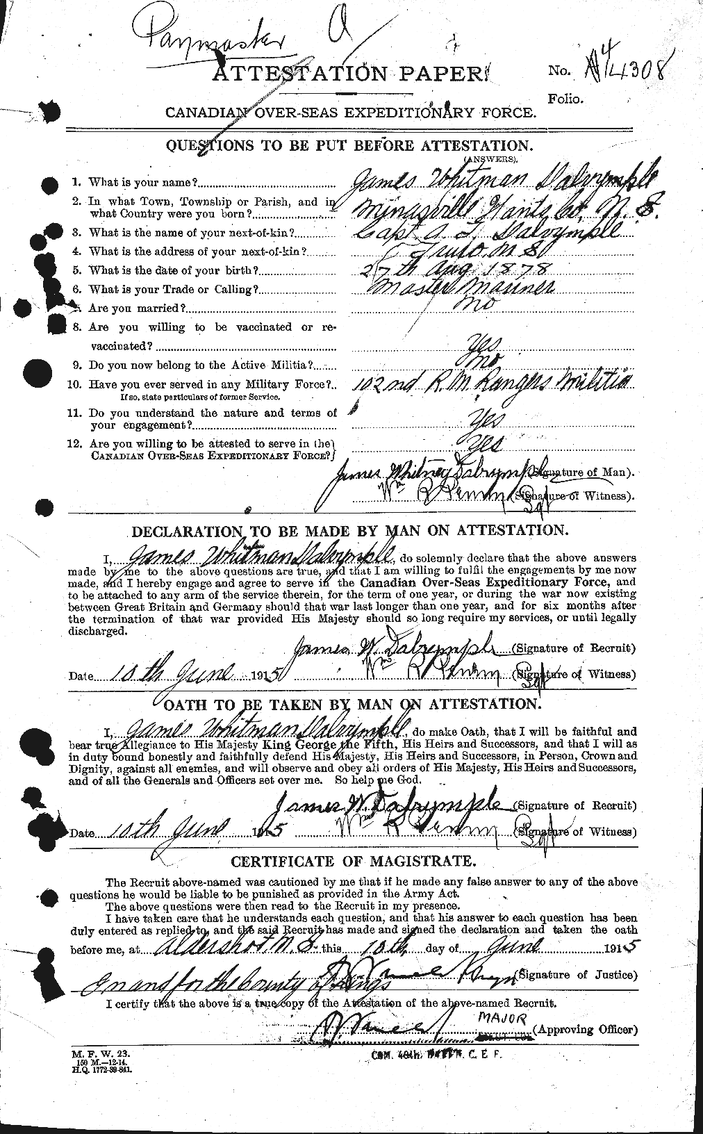 Dossiers du Personnel de la Première Guerre mondiale - CEC 277632a