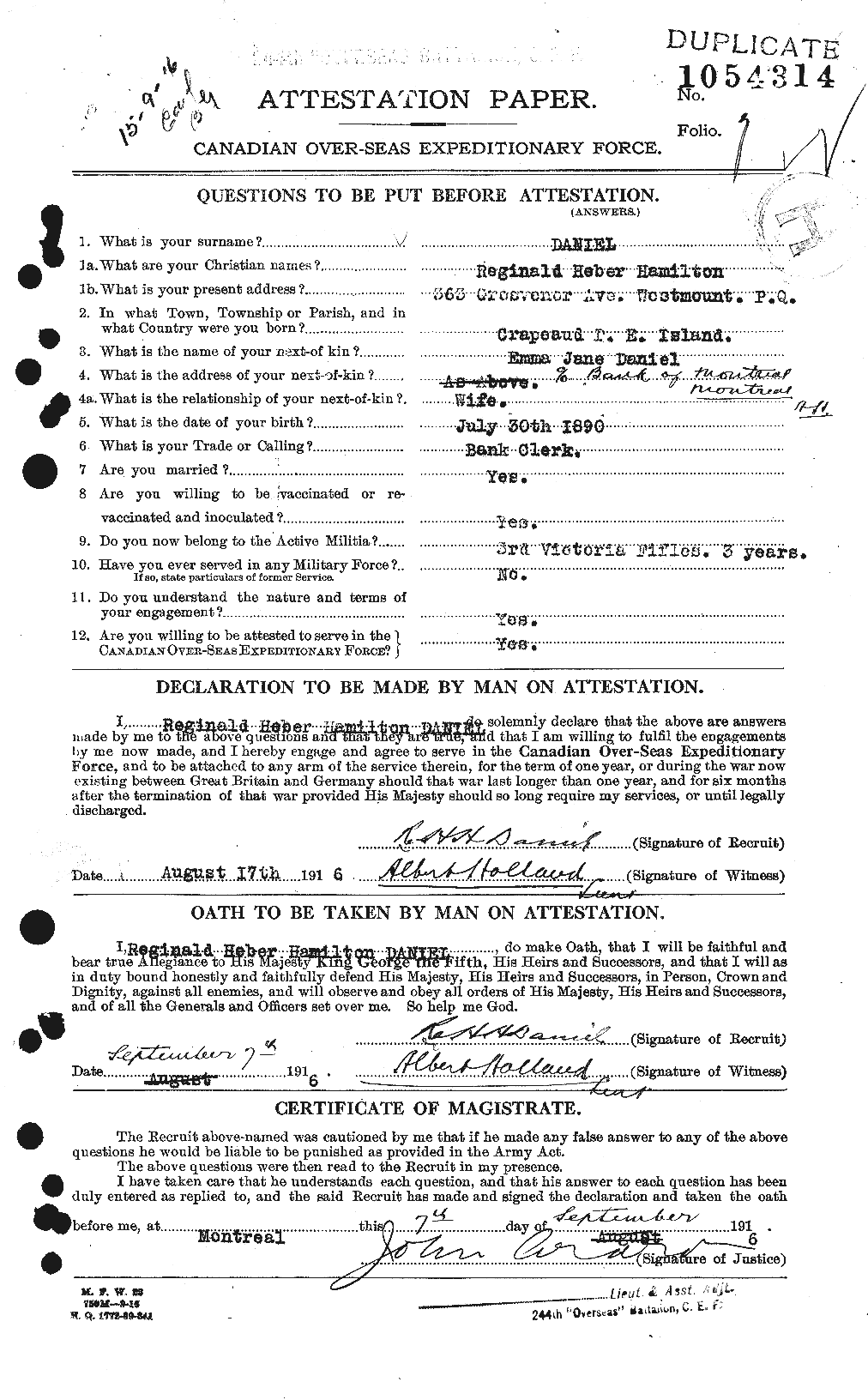 Dossiers du Personnel de la Première Guerre mondiale - CEC 278048a