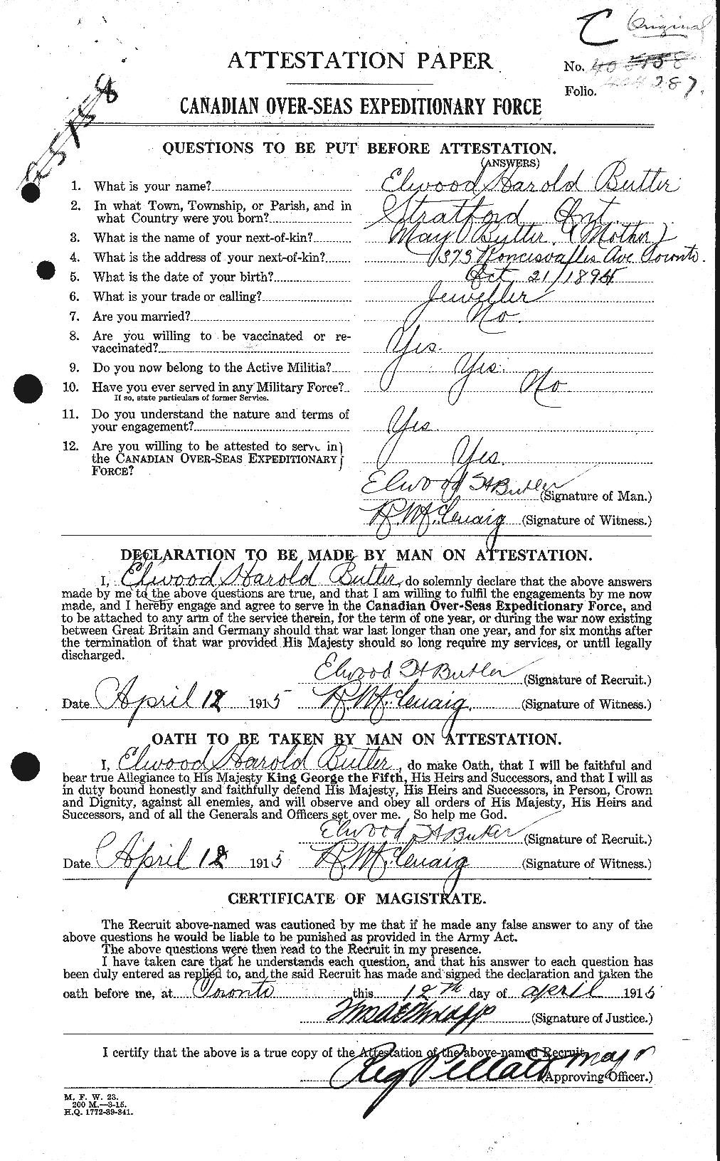 Dossiers du Personnel de la Première Guerre mondiale - CEC 278212a